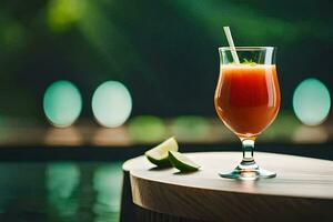 une verre de Orange jus avec citron vert sur une tableau. généré par ai photo