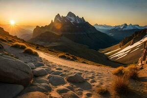 le Soleil monte plus de le montagnes dans cette photo. généré par ai photo