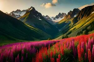 le Soleil brille sur le montagnes et fleurs dans le premier plan. généré par ai photo