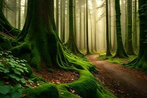 une chemin par une vert forêt avec moussu des arbres. généré par ai photo