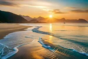 le Soleil monte plus de le océan et montagnes dans cette magnifique photo. généré par ai photo