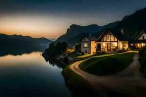 une maison sur le rive de une Lac à crépuscule. généré par ai photo