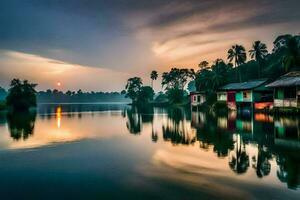 une Lac avec Maisons et paume des arbres à le coucher du soleil. généré par ai photo