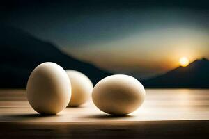 Trois des œufs sur une table avec une le coucher du soleil dans le Contexte. généré par ai photo