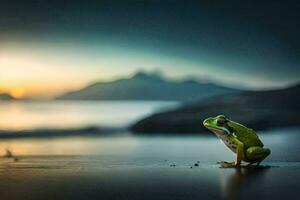 une grenouille séance sur le plage à le coucher du soleil. généré par ai photo