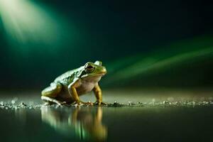 une grenouille séance sur le sol dans le sombre. généré par ai photo