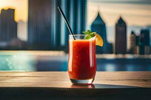 une boisson avec une paille et une ville horizon dans le Contexte. généré par ai photo