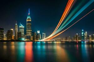 le ville horizon est allumé en haut à nuit avec coloré lumières. généré par ai photo