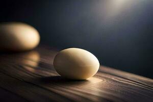 deux des œufs sur une en bois table avec une lumière brillant sur eux. généré par ai photo