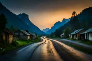 une route dans le montagnes avec une le coucher du soleil. généré par ai photo