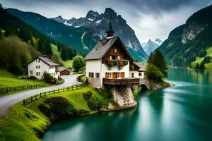 une maison est assis sur le côté de une Montagne surplombant une rivière. généré par ai photo