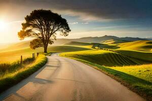 une arbre des stands seul sur une pays route à le coucher du soleil. généré par ai photo