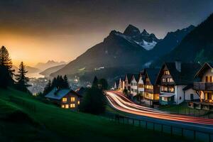 une ville à le coucher du soleil avec montagnes dans le Contexte. généré par ai photo