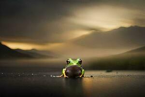 une grenouille séance sur le sol dans de face de une nuageux ciel. généré par ai photo