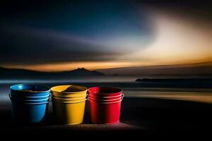 Trois coloré seaux asseoir sur le plage à nuit. généré par ai photo