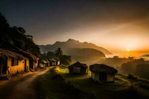 le lever du soleil plus de le village. généré par ai photo