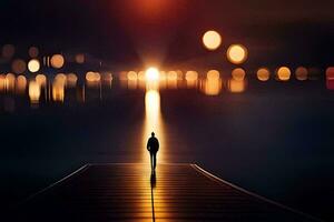 une homme des stands sur une Dock à nuit avec lumières dans le Contexte. généré par ai photo