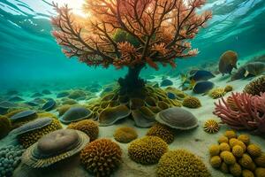 une arbre de coraux et mer Ventilateurs dans le océan. généré par ai photo