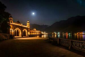 le lune monte plus de le mosquée à nuit. généré par ai photo