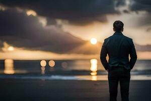 une homme dans une costume des stands sur le plage à le coucher du soleil. généré par ai photo