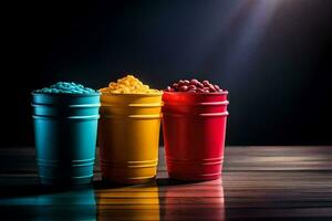 Trois coloré tasses avec pop corn sur une en bois tableau. généré par ai photo