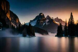 une Lac et montagnes à le coucher du soleil. généré par ai photo