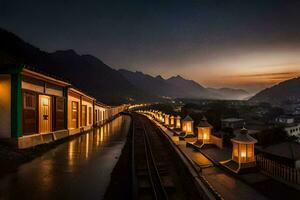 une train des pistes dans le montagnes à nuit. généré par ai photo