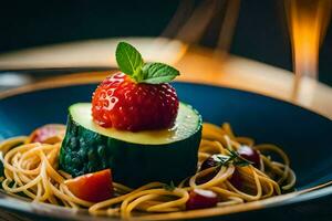 une assiette avec spaghetti et une fraise sur Haut. généré par ai photo