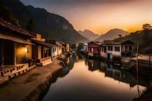 une canal dans le milieu de une village à le coucher du soleil. généré par ai photo