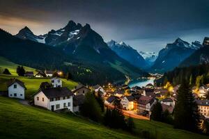 une ville dans le montagnes à crépuscule. généré par ai photo