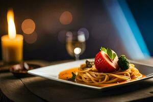 une assiette de spaghetti avec une fraise et une verre de du vin. généré par ai photo