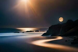 une plein lune en hausse plus de le océan à nuit. généré par ai photo