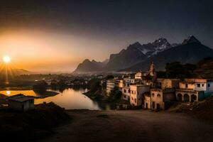 le Soleil ensembles plus de une village dans le montagnes. généré par ai photo