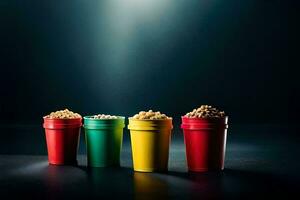 Trois coloré tasses avec pop corn sur une foncé surface. généré par ai photo