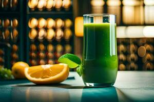 une verre de vert jus avec un Orange tranche. généré par ai photo