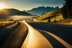 une longue route avec le Soleil réglage derrière il. généré par ai photo