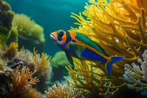 une coloré poisson nager dans un sous-marin récif. généré par ai photo