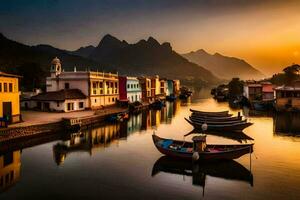 bateaux amarré dans le l'eau à le coucher du soleil avec montagnes dans le Contexte. généré par ai photo