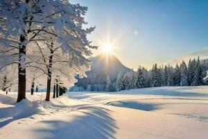 neige couvert des arbres et le Soleil brillant dans le Contexte. généré par ai photo