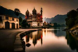 une magnifique le coucher du soleil plus de une Lac avec une église dans le Contexte. généré par ai photo