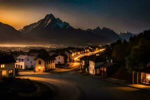 une ville à crépuscule avec montagnes dans le Contexte. généré par ai photo