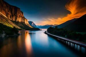 photo fond d'écran le ciel, montagnes, eau, pont, coucher de soleil, route, route, route,. généré par ai