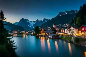 une ville et rivière dans le montagnes à crépuscule. généré par ai photo