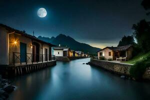 photo fond d'écran le lune, eau, Maisons, le lune, le nuit, le lune, le. généré par ai