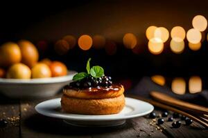 une dessert sur une assiette avec une bougie et une bol de fruit. généré par ai photo