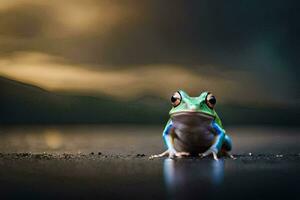 une grenouille séance sur le sol avec une foncé ciel dans le Contexte. généré par ai photo