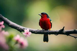 une rouge oiseau est assis sur une branche avec rose fleurs. généré par ai photo