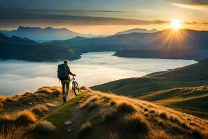 une homme avec une bicyclette sur une Montagne Haut à le coucher du soleil. généré par ai photo