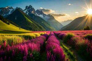 le Soleil brille plus de une champ de violet fleurs. généré par ai photo