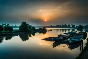 bateaux sur le rivière à le coucher du soleil. généré par ai photo